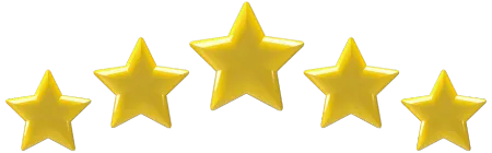 5 estrelas amarelas em 3d, representando o número de estrelas dadas à Cupcode, pelo cliente que comentou.