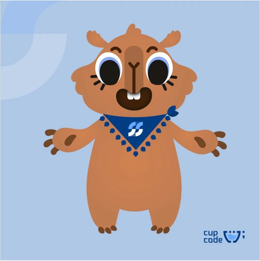 Stella, a capivara mascote, de braços abertos e sorrindo, vestindo um lenço azul com o logotipo da Santa Sé, representando acolhimento e prontidão para atendimento.

                