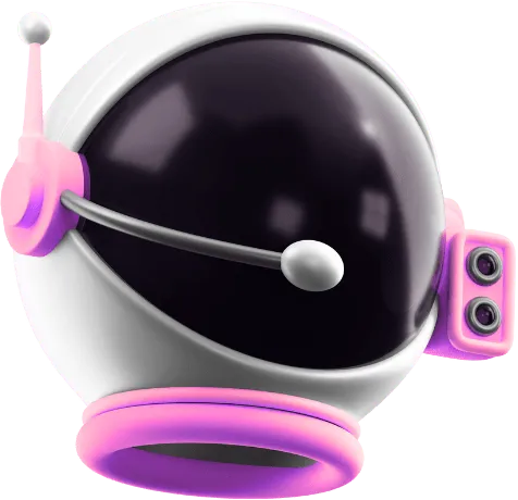 Capacete de astronauta branco com detalhes rosa, com um headset (microfonee, fone de ouvido que é basicamente uma mini caixa de som com dois alto falantes no ouvido esquerdo e uma antena no lado do ouvido direito. Animação 3D.