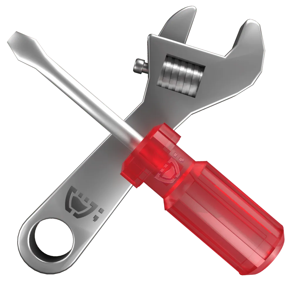 Uma chave de fenda com cabo vermelho e uma chave de boca cruzados formando um X, animação 3D, ambas as ferramentas com o logotipo da Cupcode cravados em seus cabos.
