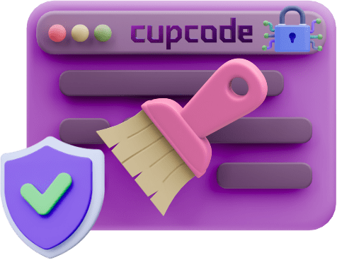 Uma tela de computador roxa, com o logotipo da Cupcode, sendo limpa por um pincel 3D.