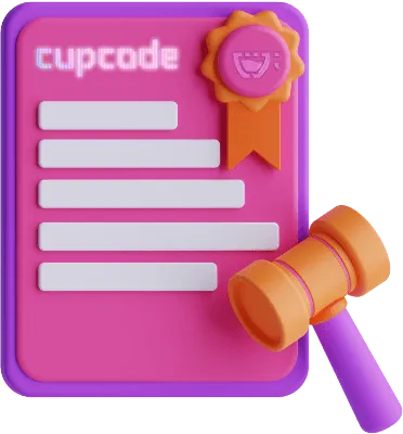 Folha roda com borda roxa, com o logotipo da Cupcode no topo dela, um selo de verificado e um martelo de juiz em cima do papel. 3D.