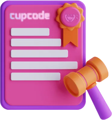 Folha rosa com borda roxa, com o logotipo da Cupcode no topo dela, um selo de verificado e um martelo de juiz em cima do papel. 3D.