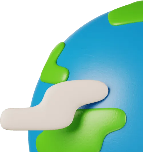 Planeta em animação 3D da Cupcode, parecido com a terra, azul e com continentes verdes, algumas nuvens brancas são vistas ao redor dele.
