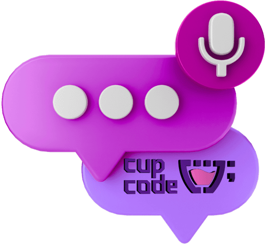 Ícone 'Tom de Voz' da Cupcode em 3D: uma caixa de mensagem roxa com três pontinhos, indicando digitação, e um ícone de microfone para áudio acima dela. Ao fundo, outra caixa de diálogo com o logotipo da Cupcode.