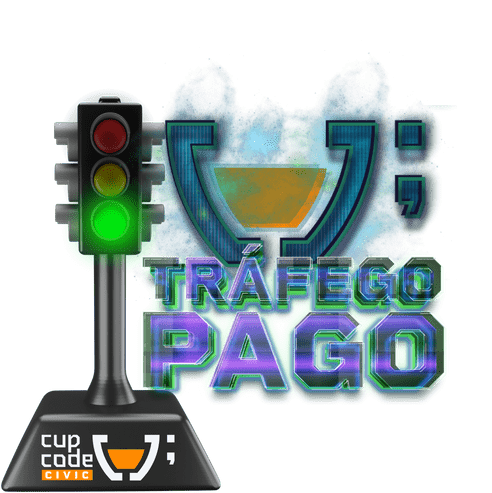 Ilustração dinâmica apresentando um semáforo com a luz verde acesa, simbolizando a 'partida' para o tráfego pago. Acima, o logo da Cupcode Civic em um escudo que combina com o semáforo. O texto 'TRÁFEGO PAGO' em letras 3D com efeito neon e cromado sugere ação e modernidade. O conjunto sobre um fundo suave em degradê verde, associado à eficiência em gestão de tráfego pago para entidades públicas.