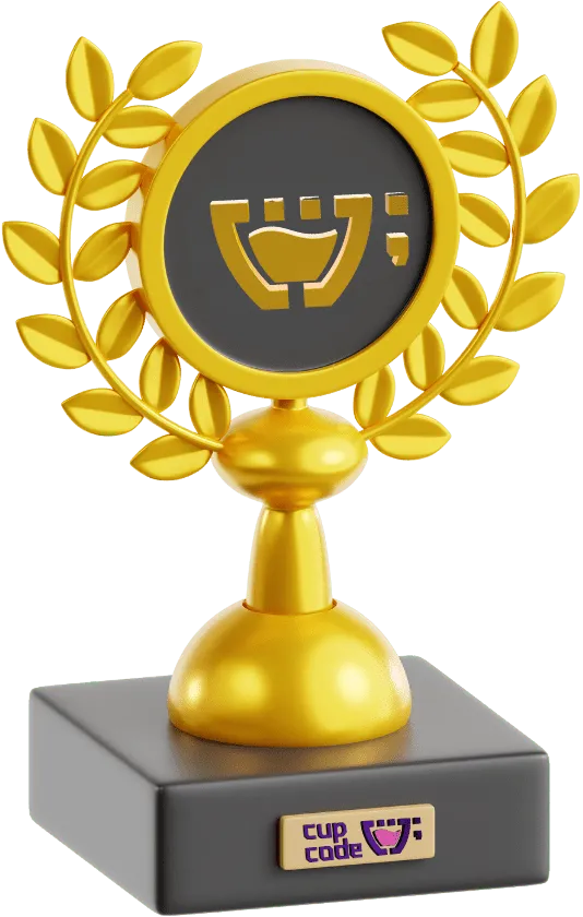 Troféu de ouro da Cupcode, com um circulo e folhas de louro circulando o circulo, que tem o Cupzinho dentro. A base do troféu é preta e tem uma plaquinha com o logotipo da Cupcode.
