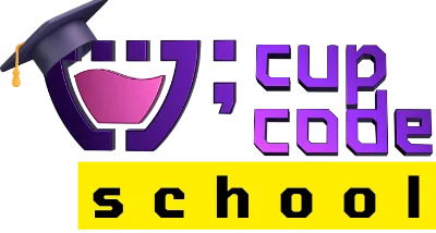 O logotipo da cupcode school com um chapéu roxo e um boné de formatura