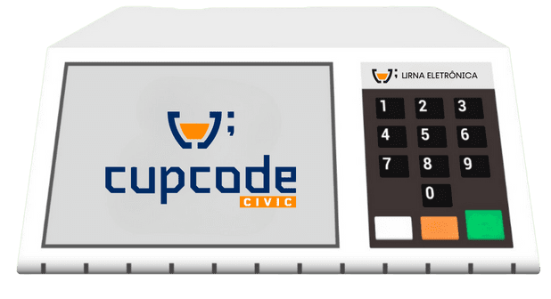 Urna eletrônica branca com o logo da Cupcode Civic em destaque na tela, representando a inovação e segurança em votação digital. Ao lado da tela, o teclado numérico com botões pretos, números brancos e botões verdes e laranja para confirmação e correção, simbolizando a interface amigável e acessível.