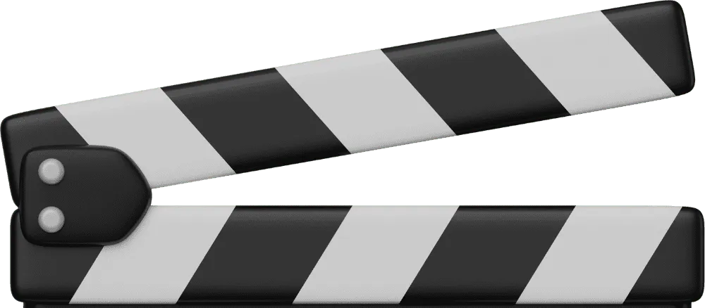 Ícone 'Vídeo Fala Mais que Mil Imagens' da Cupcode: uma claquete preta com listras brancas em 3D, simbolizando a dinâmica de dar vida ao logotipo através de animação, criação de motion graphics e muito mais.