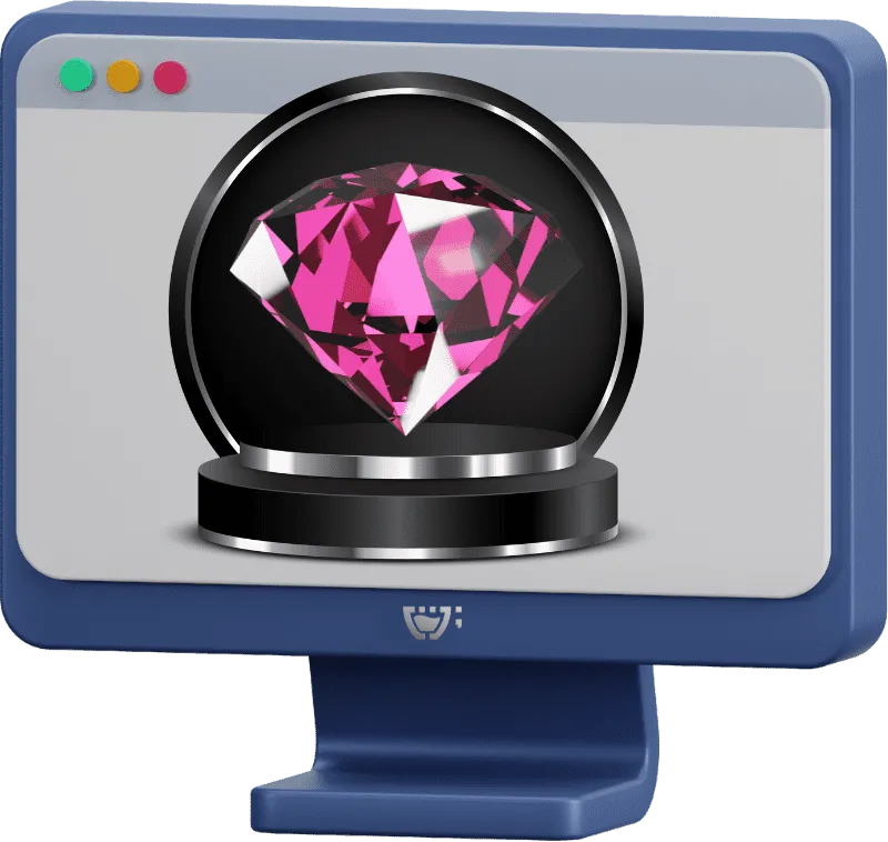 Tela de Computador com Exibição da Cupcode: um monitor azul marinho mostrando o logotipo da Cupcode e uma imagem de um deslumbrante diamante rosa brilhante sobre uma plataforma preta luxuosa, tudo em uma representação 3D.