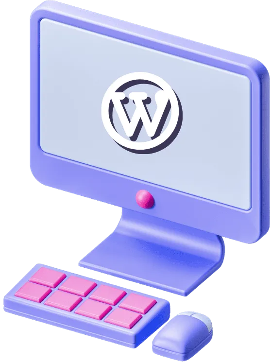 Computador roxo e rosa, com o logotipo do WordPress, representando o desenvolvimento de sites com WordPress pela Cupcode.