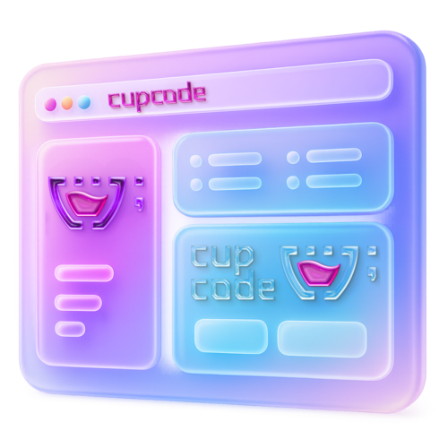 O site da Cupcode com um fundo azul e algumas interfaces da Cupcode.
