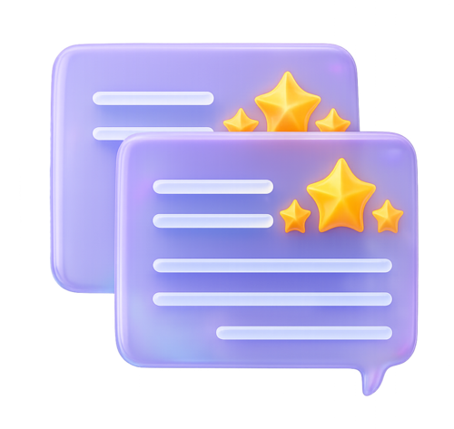 Caixa de diálogo roxa com estrelas amarelas, representando os comentários no Google da Cupcode.