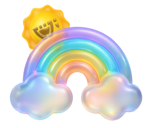 Logotipo de Gestão de Redes Sociais da Cupcode, um arco-íris com 4 cores, roxo, azul, amarelo e rosa, todas em tons pastéis, com uma nuvem branca em cada extremidade do arco e um sol com raios e o logotipo da Cupcode dentro dele, saindo de trás do arco-íris.