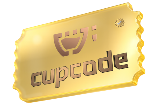 Bilhete dourado em 3D com o logotipo da Cupcode nele. Um símbolo de autêntico em ouro do lado e do outro lado os dizeres: 