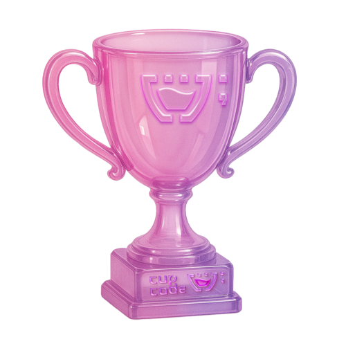 Taça de ouro da Cupcode, com o Cupzinho de ouro cravado na taça., a base é preta com uma plaquinha metálica com o logotipo da Cupcode nela.