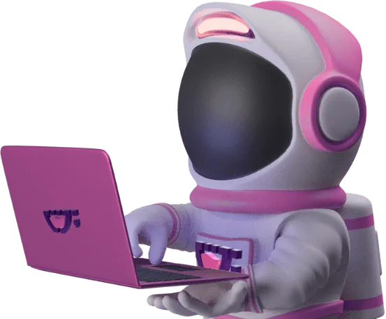 Astronauta segurando um mackbook com a logo da cupcode
