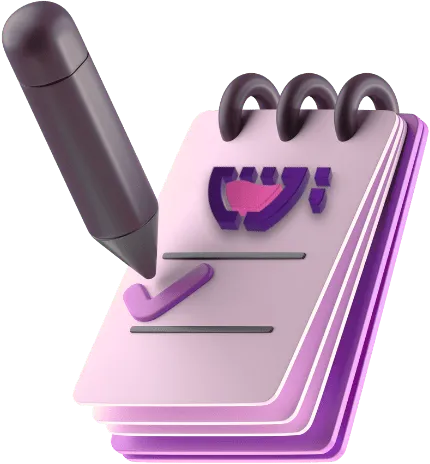 Uma caderneta com a logo da cupcode junto a uma caneta