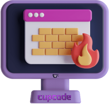 Um computador com um desenho de uma parede pegando fogo, representando uma barreira de firewall