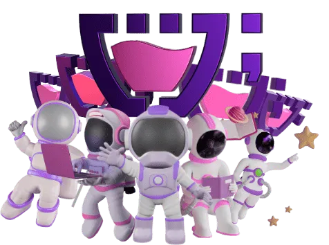 Varios astronautas com um traje da cupcode com varias logos da cupcode atrás