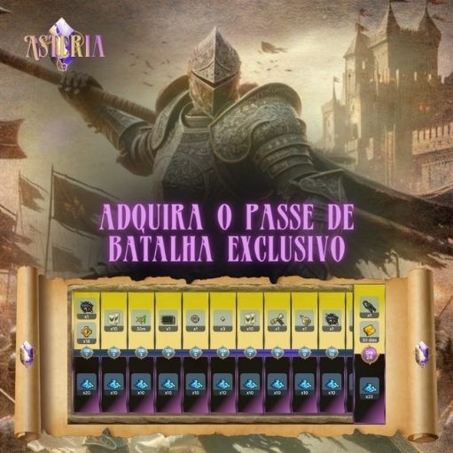 Arte representando o passe de batalha oferecido no jogo e desenhado pela Cupcode, um Guerreiro de armadura pesada de background.
