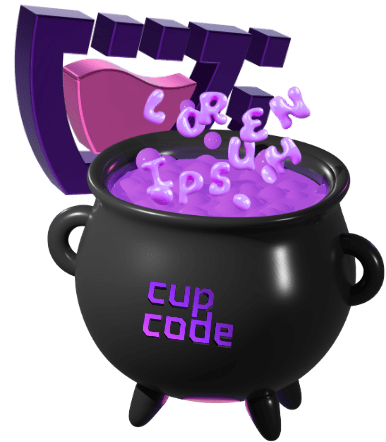 Logo da cupcode com um caldeirão na frente com a logo da cupcode com um liquido roxo cheio de palavras