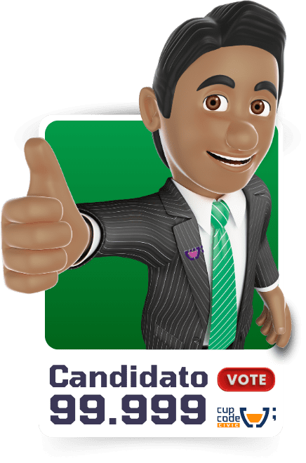 Material gráfico promocional da Cupcode Civic com caricatura 3D de um candidato sorridente, vestindo terno listrado e gravata verde, fazendo sinal de positivo. Ao fundo, o número do candidato 