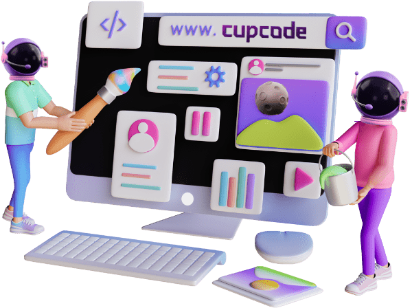 2 astronautas, com um computador no centro e varios elementos gráficos da cupcode no meio