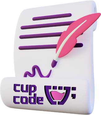 Folha de assinatura da cupcode, uma caneta no formato de uma pena rosa, com a logo da cupcode no final.