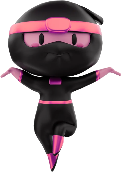 Personagem animado ninja vestindo um traje preto e rosa com o logotipo da Cupcode na faixa da cabeça, representando a 
