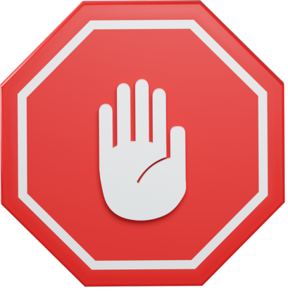 Uma placa vermelha e branca com uma mão no centro representando políticas rigorosas contra abusos digitais