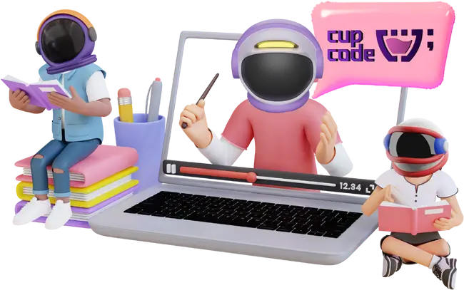 Um personagem de desenho animado está sentado em um laptop com um fundo roxo