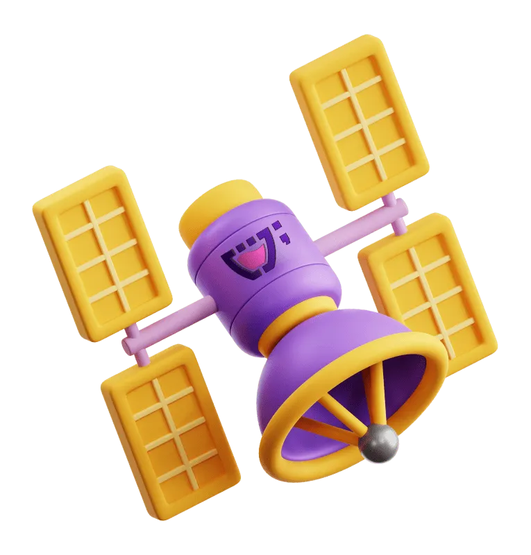 Um satelite amarelo e roxo com a logo da cupcode