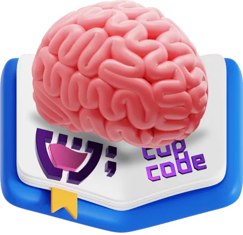 Um livro aberto com a logo da cupcode dentro e um cérebro em cima