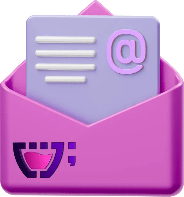 Ícone de um envelope roxo com um documento contendo o símbolo de arroba, simbolizando e-mail. O logotipo da Cupcode aparece na parte inferior do envelope. O ícone está sobre um fundo rosa claro com o texto 