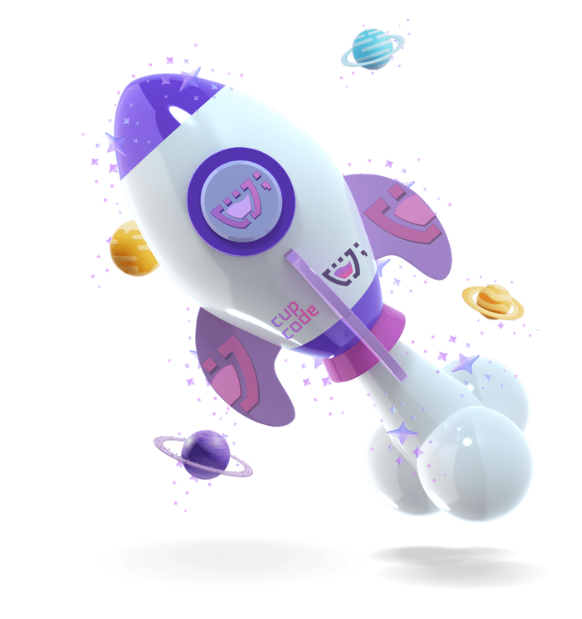 Um foguete decolando com a logo da cupcode com planetas em volta