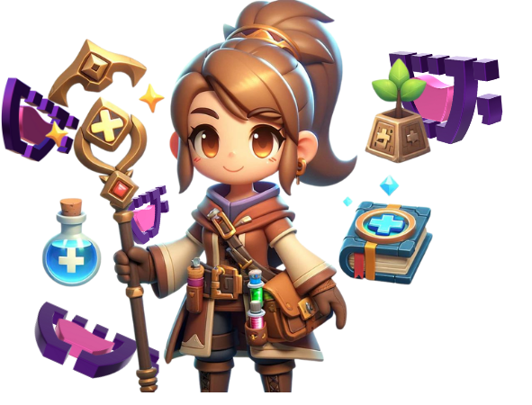 Um mago com vários itens, como um livro, poção de vida, poção de mana e o logotipo da Cupcode ao redor