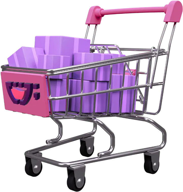 um carrinho de compras com itens roxos e rosa