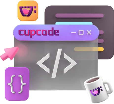 Uma interface de gráficos de desenvolvimento com um ícone da Cupcode contendo as palavras Cupcode, código e uma caneca.
