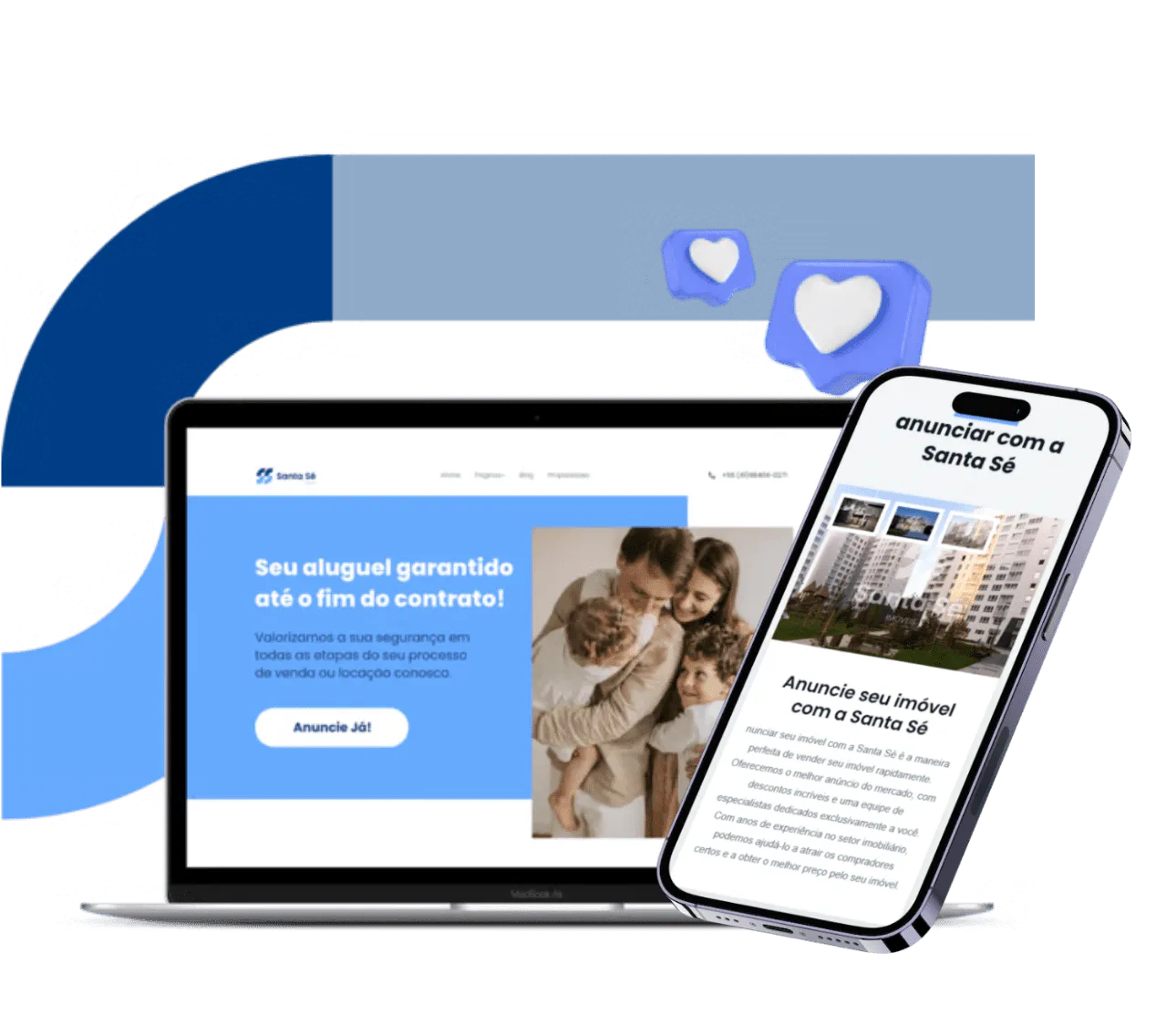 Imagem destacando a adaptabilidade das landing pages da Santa Sé Imóveis para diferentes dispositivos, mostrando um laptop e um smartphone com páginas da web que enfatizam a garantia de aluguel até o fim do contrato. Elementos gráficos como corações e um satélite representando a conectividade e hospedagem de qualidade da Cupcode complementam a composição sobre um fundo azul moderno e atraente.