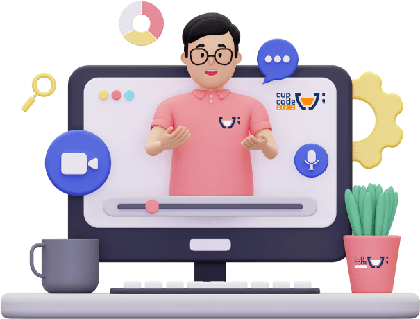 Ilustração 3D de um espaço de trabalho com um monitor exibindo um personagem com o logotipo da Cupcode Civic, cercado por ícones de lupa, engrenagem, CD e conversa. Ao lado, uma xícara e um vaso com canetas, ambos marcados com o logotipo da Cupcode Civic, simbolizam estratégias de 