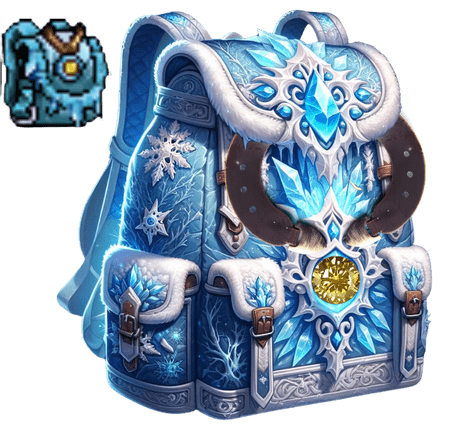 Mochila encantada de ModukOT, adornada com cristais de gelo e elementos de design de inverno, reimaginada em gráficos de alta fidelidade a partir do ícone de pixel art original.