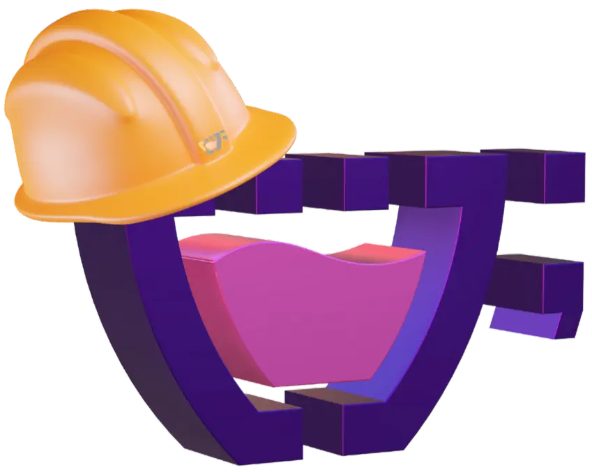 Ícone 3D da Cupcode com um capacete de construção, sinalizando o serviço de manutenção.