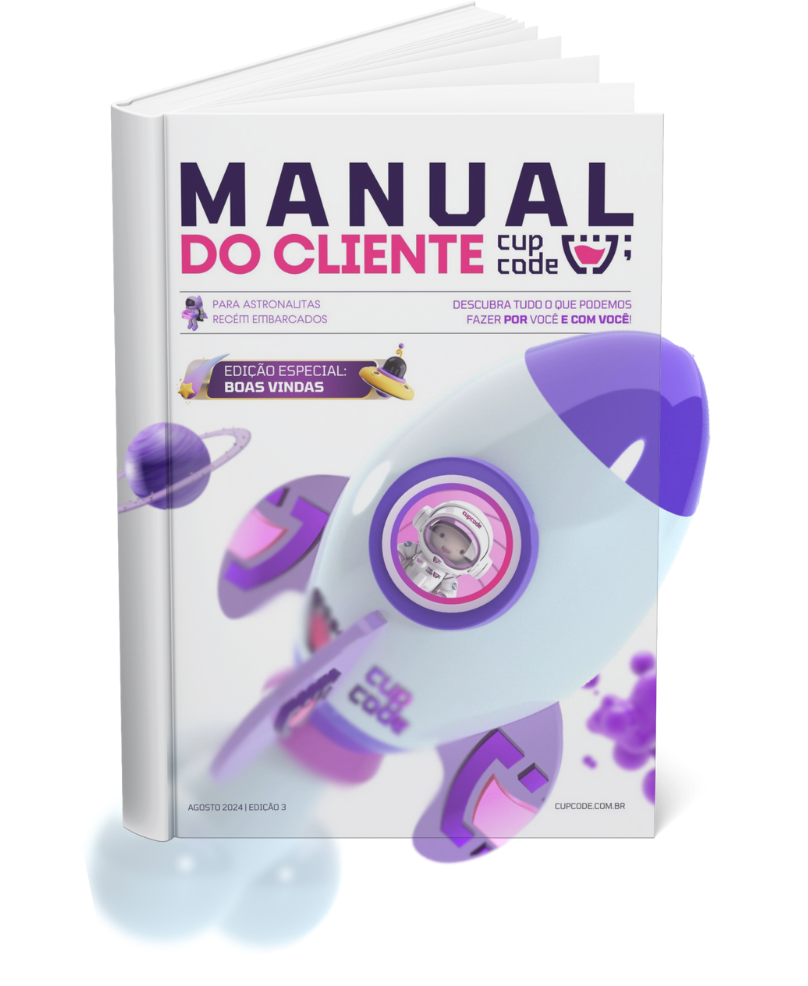 Um livro branco com o texto manual da marca do cliente com a logo da cupcode
