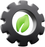 Um engrenagem com uma folha verde no meio