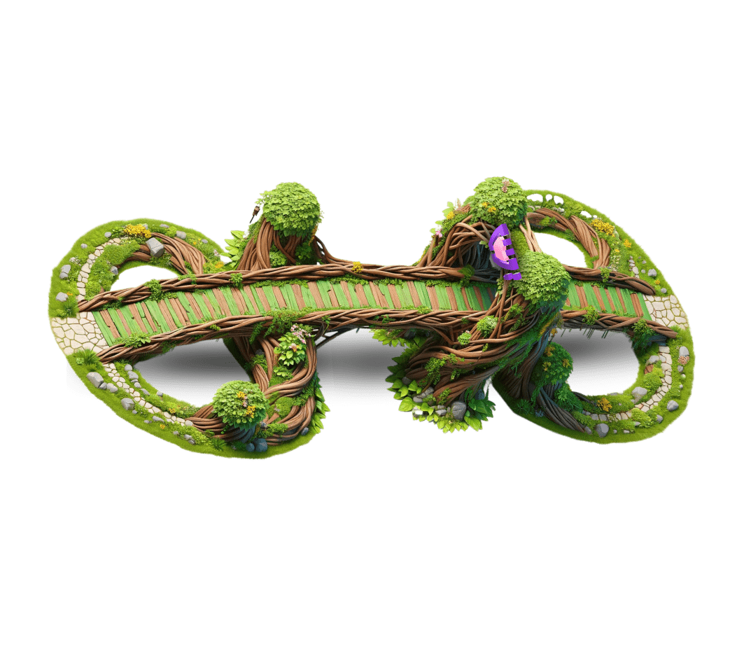 Uma ponte verde cheia de vegetação com o logo da Cupcode