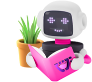 Um robô fazendo a leitura de um livro rosa com a logo da cupcode