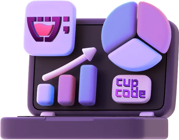 Um laptop com elementos gráficos da Cupcode nele