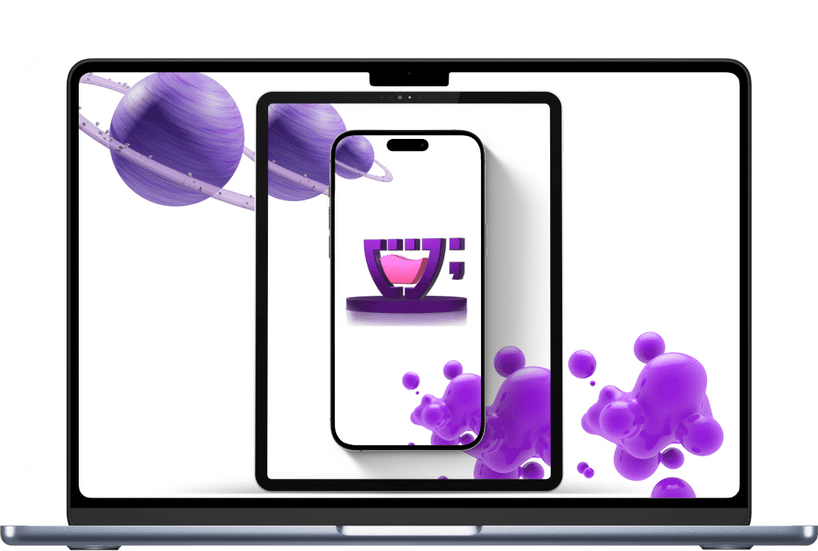 Animação 3D de um relógio roxo com um astronauta da Cupcode voando ao redor dele deixando um rastro roxo, uma nave espacial da Cupcode voando abaixo e vários logotipos da Cupcode em diferentes posições circulando o relógio.